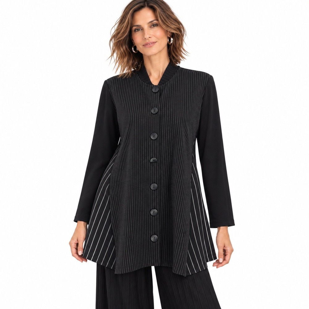 Alembika Pinstripe Button Front Tunic 3/L Black Minimalist Lagenlook Avant Garde